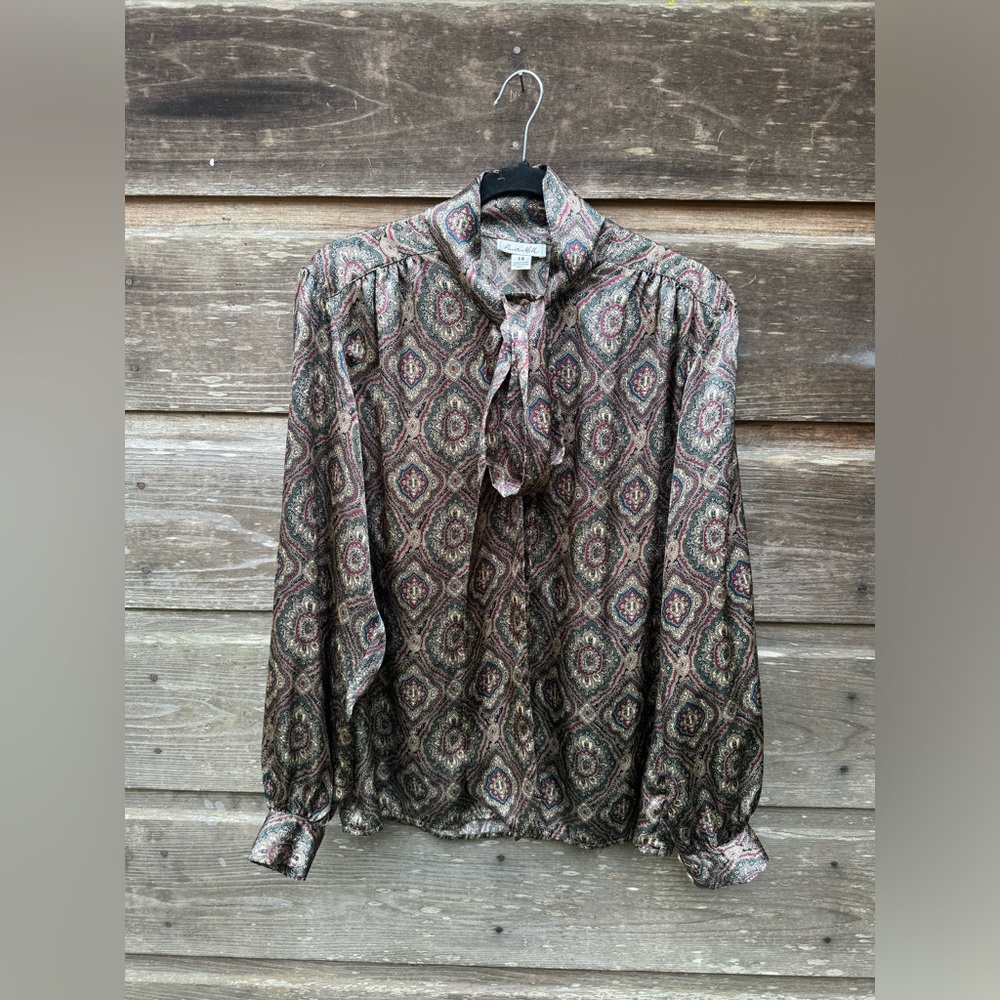 Vintage Patterned Blouse with Bow